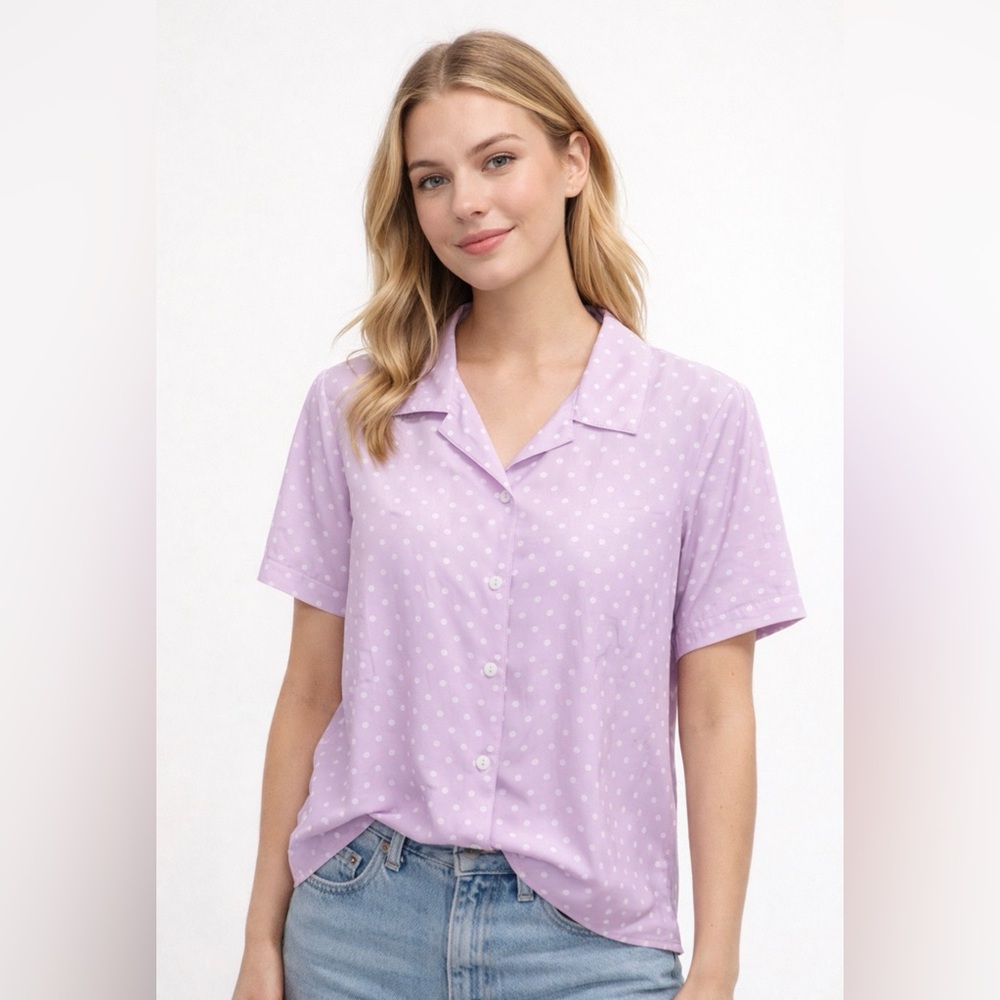 KORET soft Lavender Polka Dot Button Front Blouse Petite Large Retro Y2K
